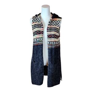 Jodifl Hooded Knit Vest Fair Isle Nordic Bohemian Open Front Sweater Gray Size M
